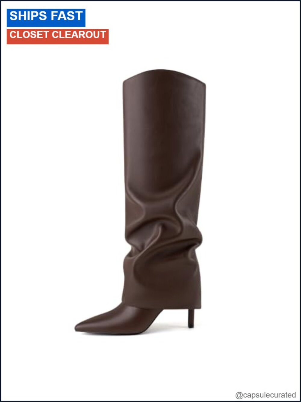 Fold Over Knee High Boots Pointed Toe Stiletto Heel Zip Faux Leather